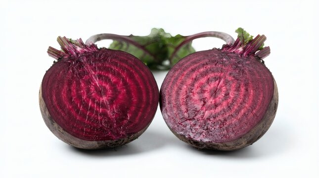 Whole Raw Beet Cut Half Showing Concentric Ring Pattern Pure White Background Macro Detail

