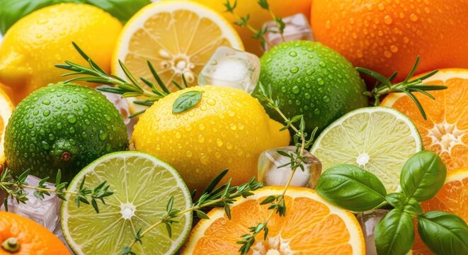 A vibrant assortment of citrus fruits rests on a bed of ice. Lemons, limes, oranges, and a few slices of basil and rosemary are arranged on a reflective surface.