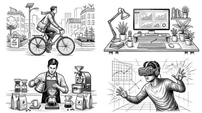 Hand-drawn lifestyle illustrations set, black and white sketch collection of modern work and leisure scenes, 4 lifestyle icons