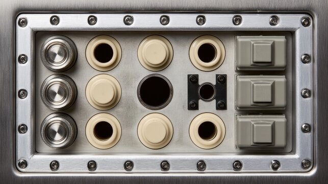 Industrial metallic control panel with knobs, buttons, and switches on a heavy-duty metal frame