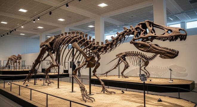 A large Tyrannosaurus rex skeleton stands prominently in a museum hall. The dinosaur's skeletal structure is displayed on a raised platform, showcasing its massive size and detailed features.
