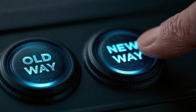 Illuminated control buttons labeled old way and new way with finger pressing new way