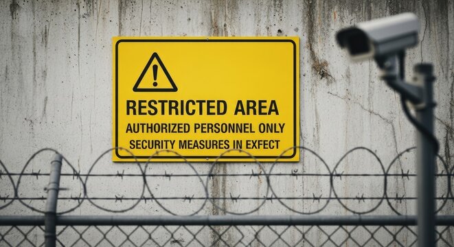 A security camera and a barbed wire fence surround a restricted area. A yellow sign with black text warns "RESTRICTED AREA AUTHORIZED PERSONNEL ONLY SECURITY MEASURES IN EFFECT".