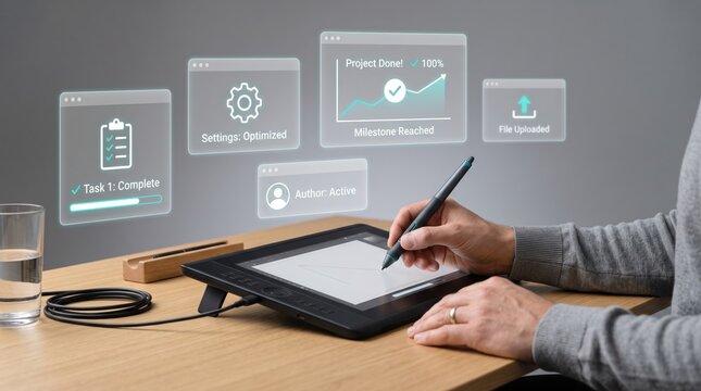 Creative professional using graphic tablet with stylus pen, floating holographic user interface showing project management status, task completion checklist, and optimized