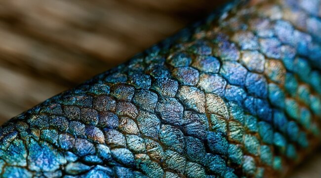 Iridescent blue and green scales on a snake coiled on a wooden surface