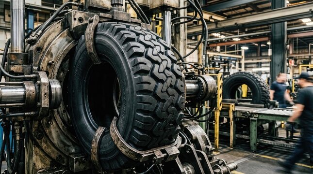 A large tire is being molded within a hydraulic press in a factory setting. A worker is blurred in the background, operating machinery.