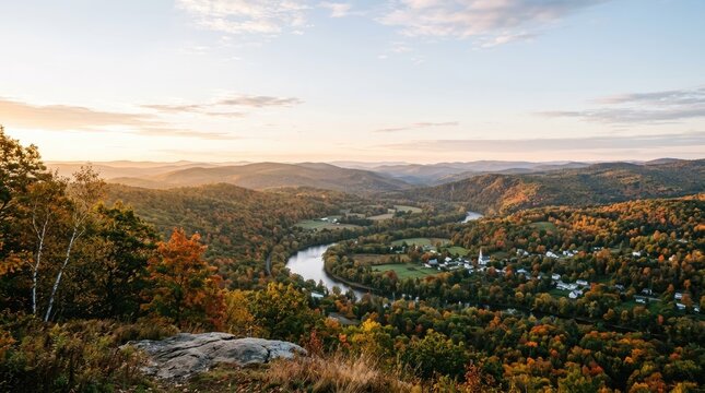 A stunning panoramic view showcases a vast, rolling landscape during the golden hour. The foreground features a rocky outcrop with trees displaying vibrant autumn foliage.