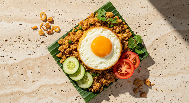 Traditional fried rice with sunny side up egg on banana leaf.