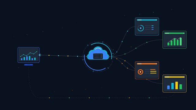 Abstract cloud computing network concept with digital data analytics dashboards and connected server systems on dark background