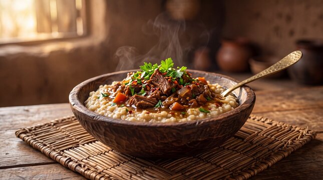 Zambian Samp Porridge with Beef Stew, Steaming Bowl on Rustic Woven Mat, Traditional African Meal