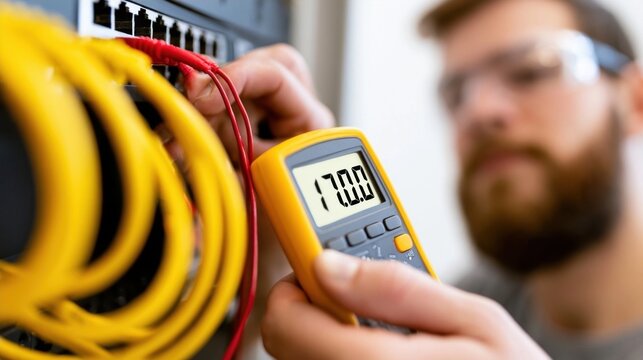 It technician troubleshooting a network switch with a yellow multimeter showing 170.0 reading