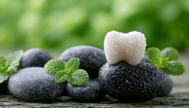 Pristine white molar tooth resting on dark stones with mint leaves