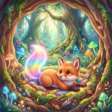 Cute Little Fox Waking Up with Rainbow Tail in Magical Forest Storybook Illustration