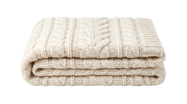Cozy white cable knit blanket, folded cream wool throw for home decor, soft winter textile with traditional braided pattern isolated PNG with Transparent Background