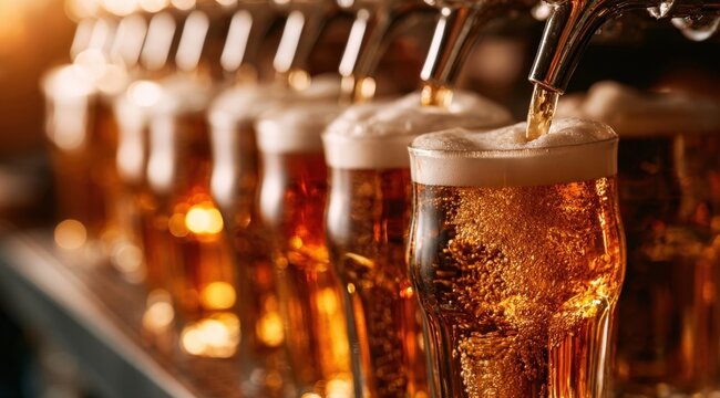 Row of glasses being filled with fresh draft beer from taps