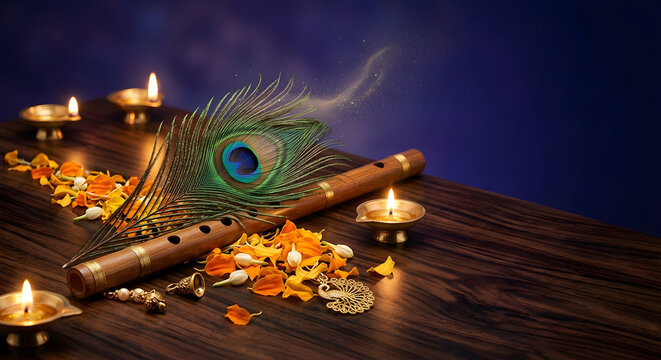 Flute rests on a dark wooden surface alongside a peacock feather, marigold flowers, and burning oil lamps during a religious festival.
