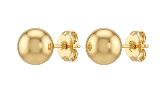 Classic gold ball stud earrings, elegant 14k yellow gold spherical jewelry, minimalist round polished metal ear studs for women isolated PNG with Transparent Background