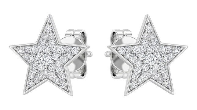 Diamond star earrings in white gold, luxury celestial jewelry with pav&eacute; crystals, elegant silver bridal accessories isolated PNG with Transparent Background