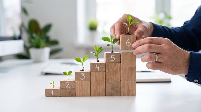 Concept of sustainable business growth and eco-friendly investment showing numbered wooden steps with growing green plant sprouts, symbolizing environmental responsibility