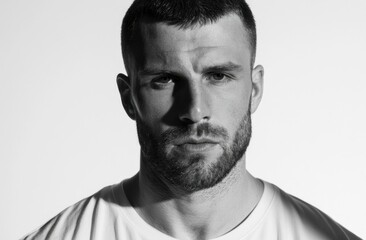 Obraz premium Man with short dark hair and beard looking serious in black and white portrait