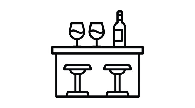 Minimalist line art illustration showing a simple bar counter with two wine glasses and one bottle for restaurant menu icons or casual lifestyle graphic design