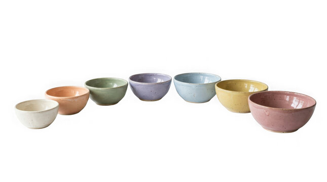Set of pastel colored ceramic bowls isolated on transparent background