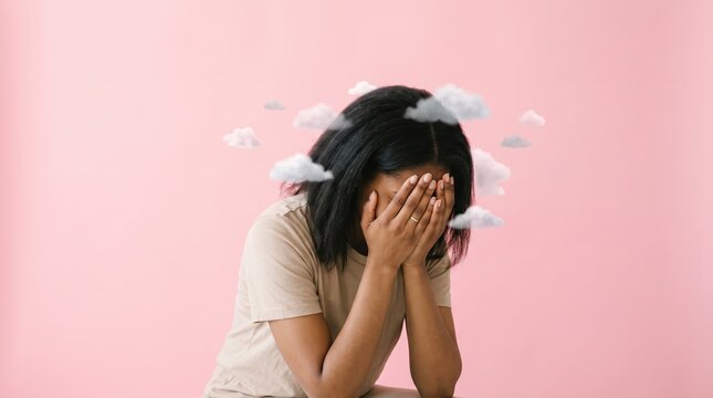 Sad woman covering face with hands surrounded by dark clouds over head, mental health, depression anxiety stress feeling, emotional burnout, psychological problem, sadness grief