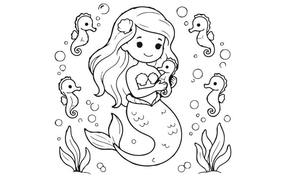 Mermaid sitting on seashell with seaweed
