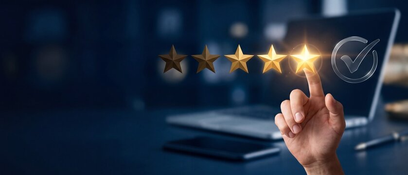 Online feedback and top quality evaluation concept with a laptop in the background, Customer experience and brand reputation management