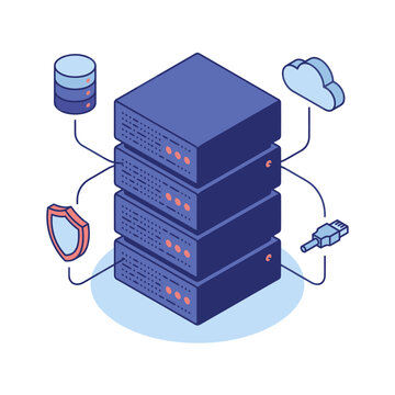 Clean Isometric of Secure Server Rack with Database Cloud Shield and Network Connections with high quality professional line art symbols for modern creative design and digital branding projects