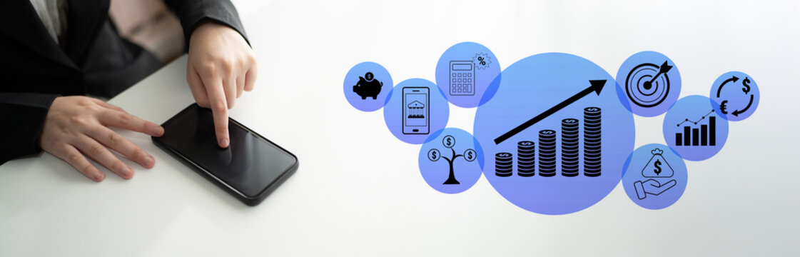 Businessman Using Smartphone While Analyzing Financial Growth Indicators and Market Trends with Relevant Icons and Graphs in a Modern Office Setting Quark.