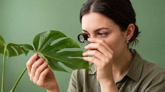 Botanist examining monstera leaf with jeweler magnifying glass in green studio inspecting houseplant