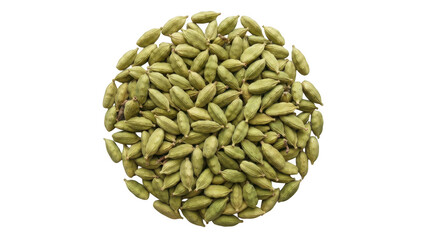 Obraz premium A pile of dried green cardamom pods arranged in a circular shape isolated on transparent background