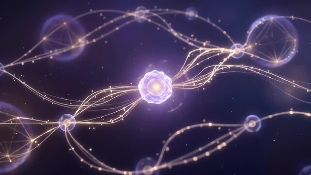 Abstract animation of interconnected particles and energy streams on a dark background