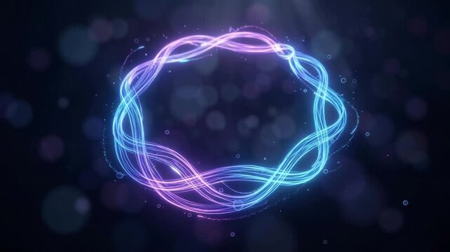 Abstract geometric design with glowing purple and blue particles forming a circular pattern on a dark background