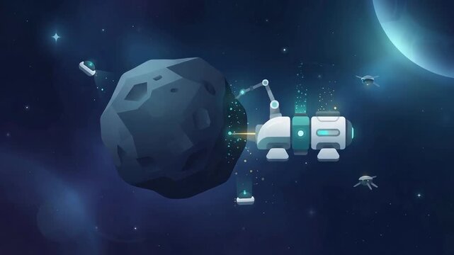 An animated spacecraft mining an asteroid in outer space with vibrant cosmic background