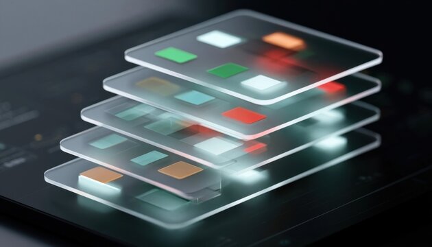 Multiple overlapping interface layers with glowing colorful buttons on a dark surface