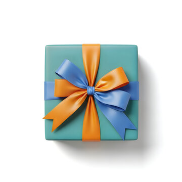 Square gift box in teal color with orange and blue silk ribbons tied in a bow isolated on white background for celebration and holidays concept