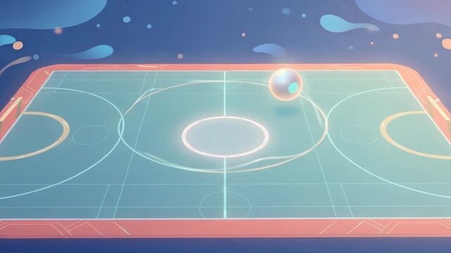 Digital illustration of a vibrant, stylized soccer field with a floating ball on a blue background