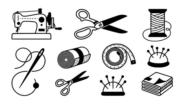 Minimal sewing workshop icon set featuring vintage machines fabric shears thread needles measuring tape and textile supplies in vector artwork