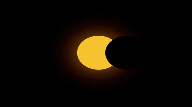 Glowing solar eclipse animation with black moon passing in front of a bright golden sun against a dark background motion graphic loop