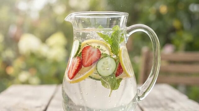 Refreshing glass pitcher filled with infused water, featuring strawberries, cucumber, and mint leaves under sunlight