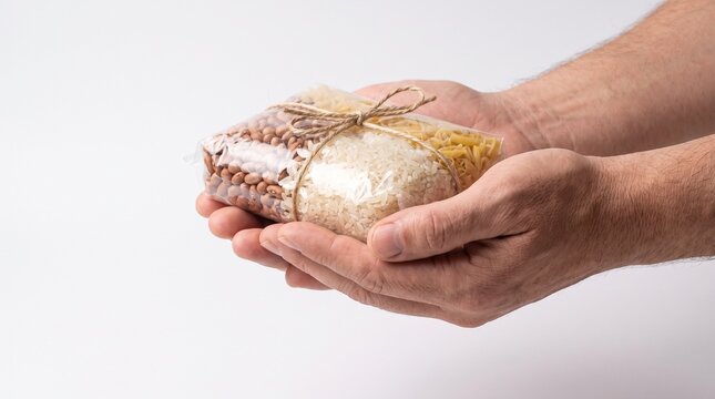 Human hands gently present a transparent package filled with diverse staple food items, including grains and legumes, symbolizing essential sustenance, charitable giving, and community aid