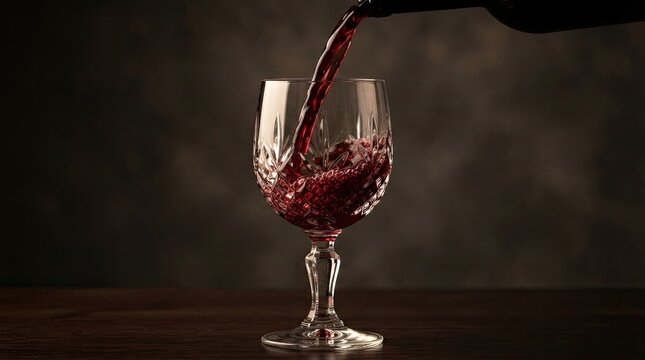 Pouring red wine from a bottle into a classic crystal goblet on a dark background