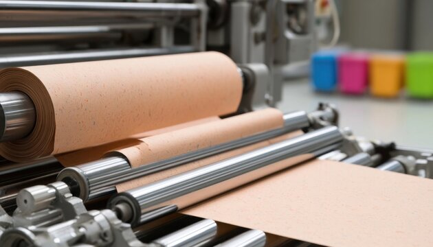 Paper converting machine processing brown roll in industrial factory setting