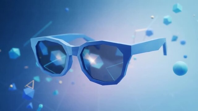 Stylized blue sunglasses floating amid abstract geometric shapes in a bright backdrop