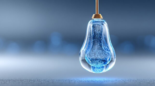 Glowing blue light bulb hanging.