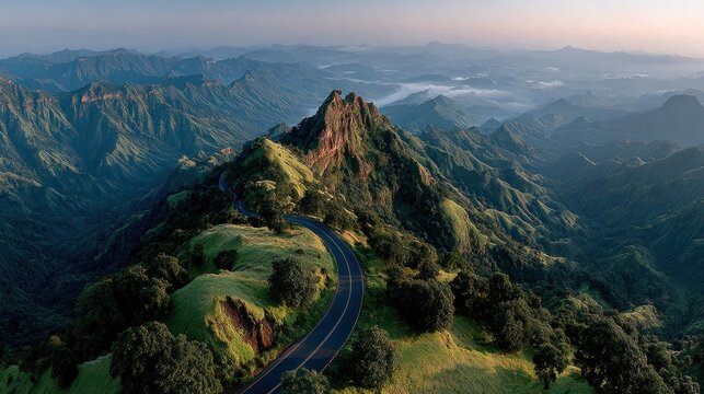 winding road through green mountain landscape.