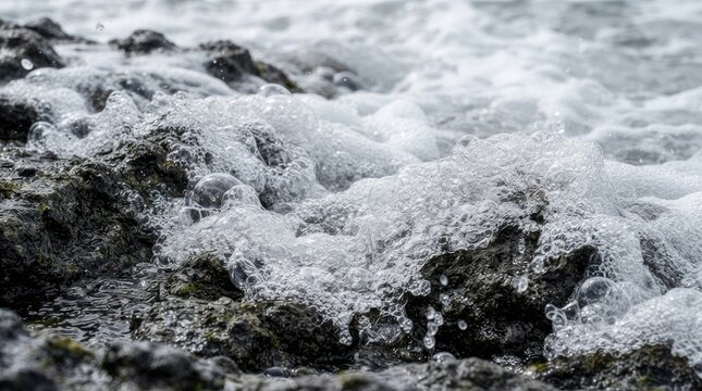 Close-up of white sea foam and bubbles washing over dark coastal rocks