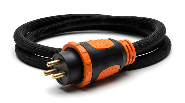 Industrial grade electrical plug with a heavy duty black braided power cable for professional energy supply and high voltage equipment connection applications., isolated on a white background